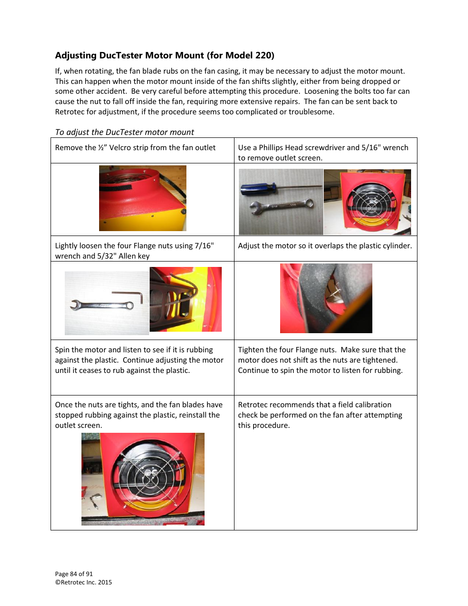 Adjusting ductester motor mount (for model 220) | Retrotec DucTester 200 Series Residential Applications User Manual | Page 84 / 91