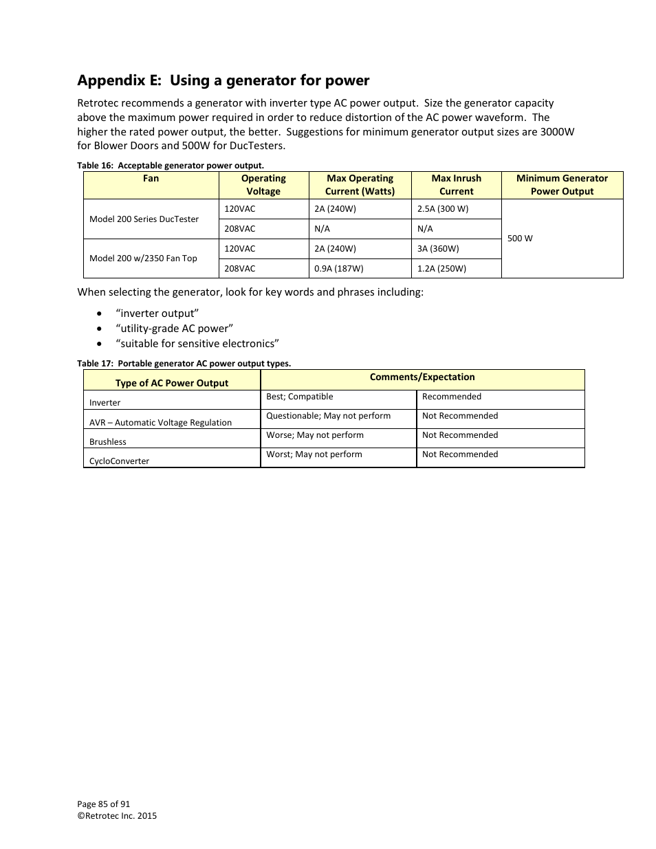 Appendix e: using a generator for power | Retrotec DucTester 200 Series Residential Applications User Manual | Page 85 / 91