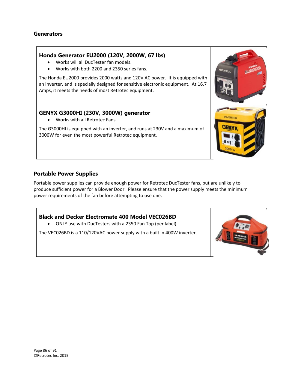Generators, Honda generator eu2000 (120v, 2000w, 67 lbs), Genyx g3000hi (230v, 3000w) generator | Portable power supplies, Black and decker electromate 400 model vec026bd | Retrotec DucTester 200 Series Residential Applications User Manual | Page 86 / 91