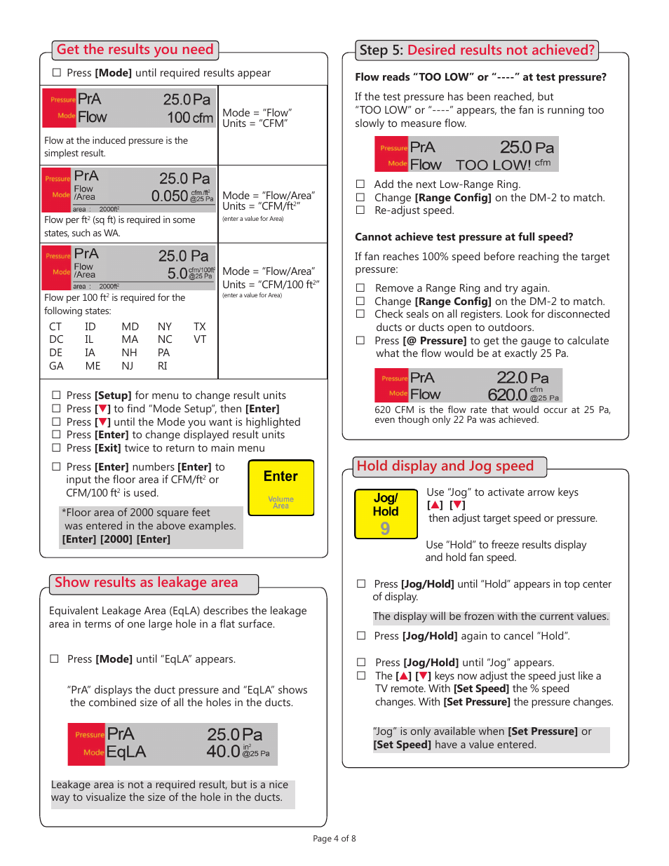 Get the results you need, Show results as leakage area, Step 5: desired results not achieved | Hold display and jog speed | Retrotec DucTester with DM-2 User Manual | Page 4 / 8