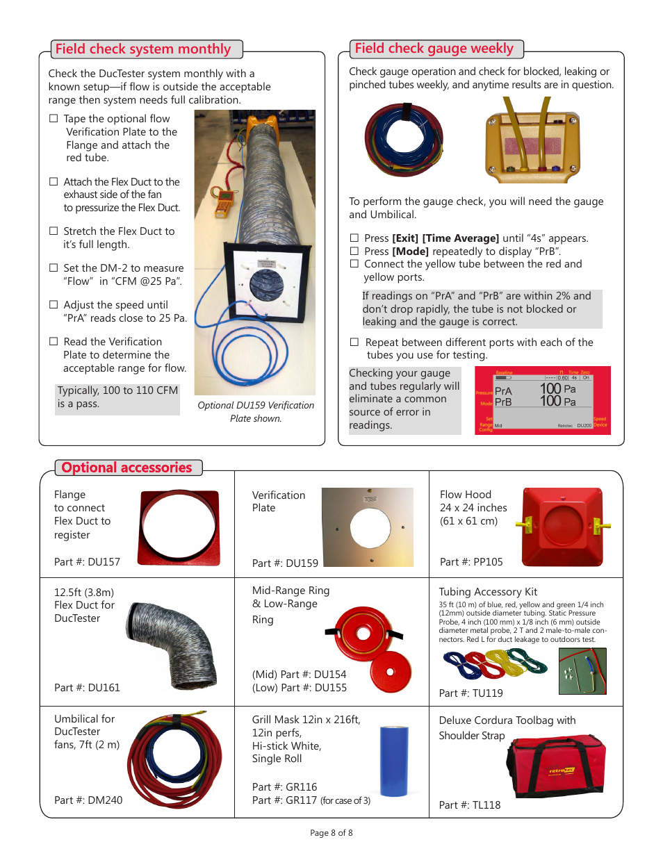 Optional accessories, Field check gauge weekly, Field check system monthly | Retrotec DucTester with DM-2 User Manual | Page 8 / 8