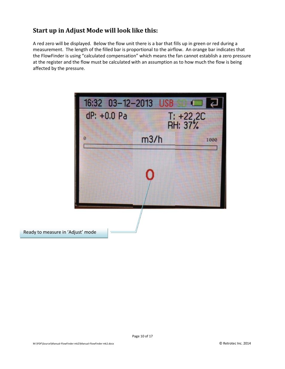 Start up in adjust mode will look like this | Retrotec Flow Finder MK 2 User Manual | Page 10 / 17