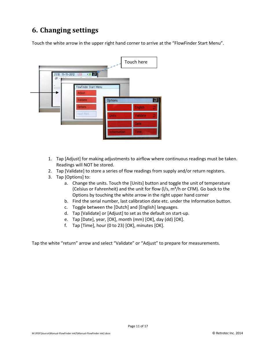 Changing settings | Retrotec Flow Finder MK 2 User Manual | Page 11 / 17