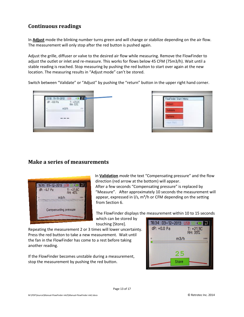 Continuous readings, Make a series of measurements | Retrotec Flow Finder MK 2 User Manual | Page 13 / 17