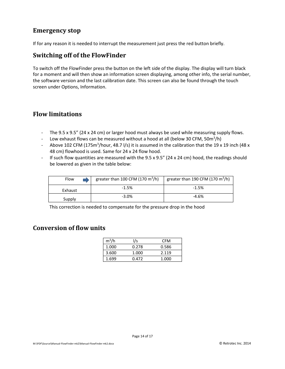 Emergency stop, Switching off of the flowfinder, Flow limitations | Conversion of flow units | Retrotec Flow Finder MK 2 User Manual | Page 14 / 17