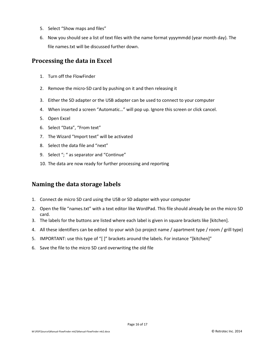 Processing the data in excel, Naming the data storage labels | Retrotec Flow Finder MK 2 User Manual | Page 16 / 17