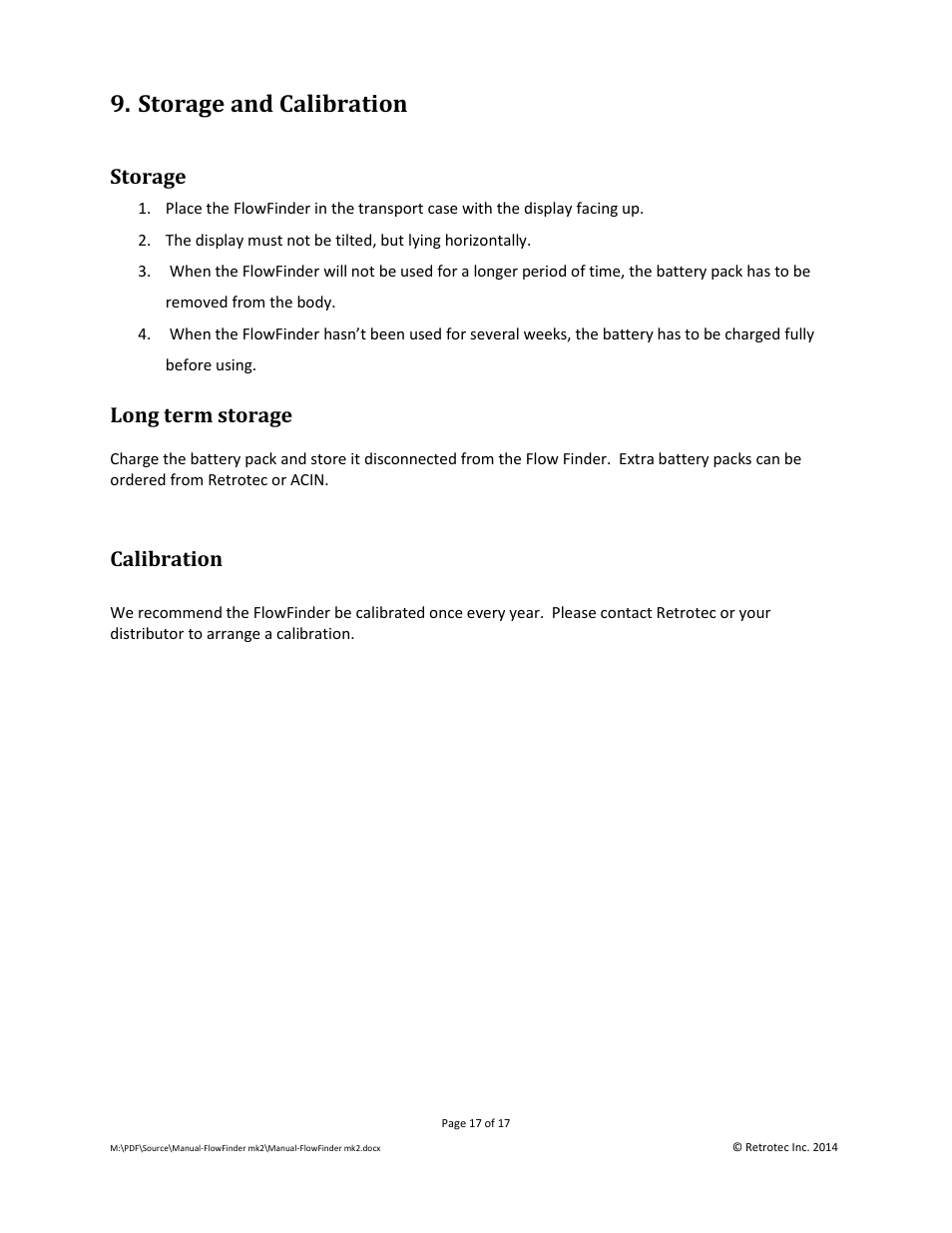 Storage and calibration, Storage, Long term storage | Calibration | Retrotec Flow Finder MK 2 User Manual | Page 17 / 17