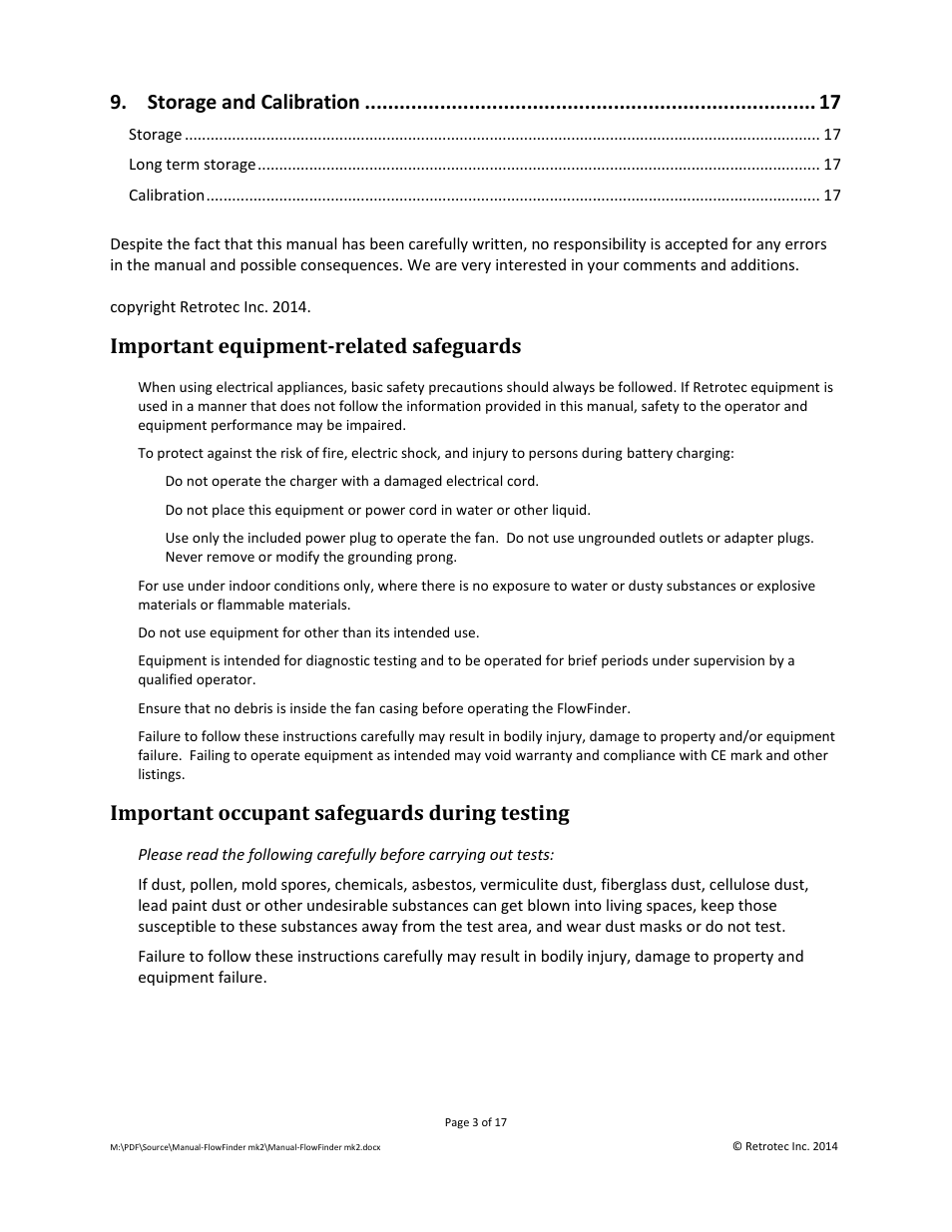 Important equipment-related safeguards, Important occupant safeguards during testing, Storage and calibration | Retrotec Flow Finder MK 2 User Manual | Page 3 / 17