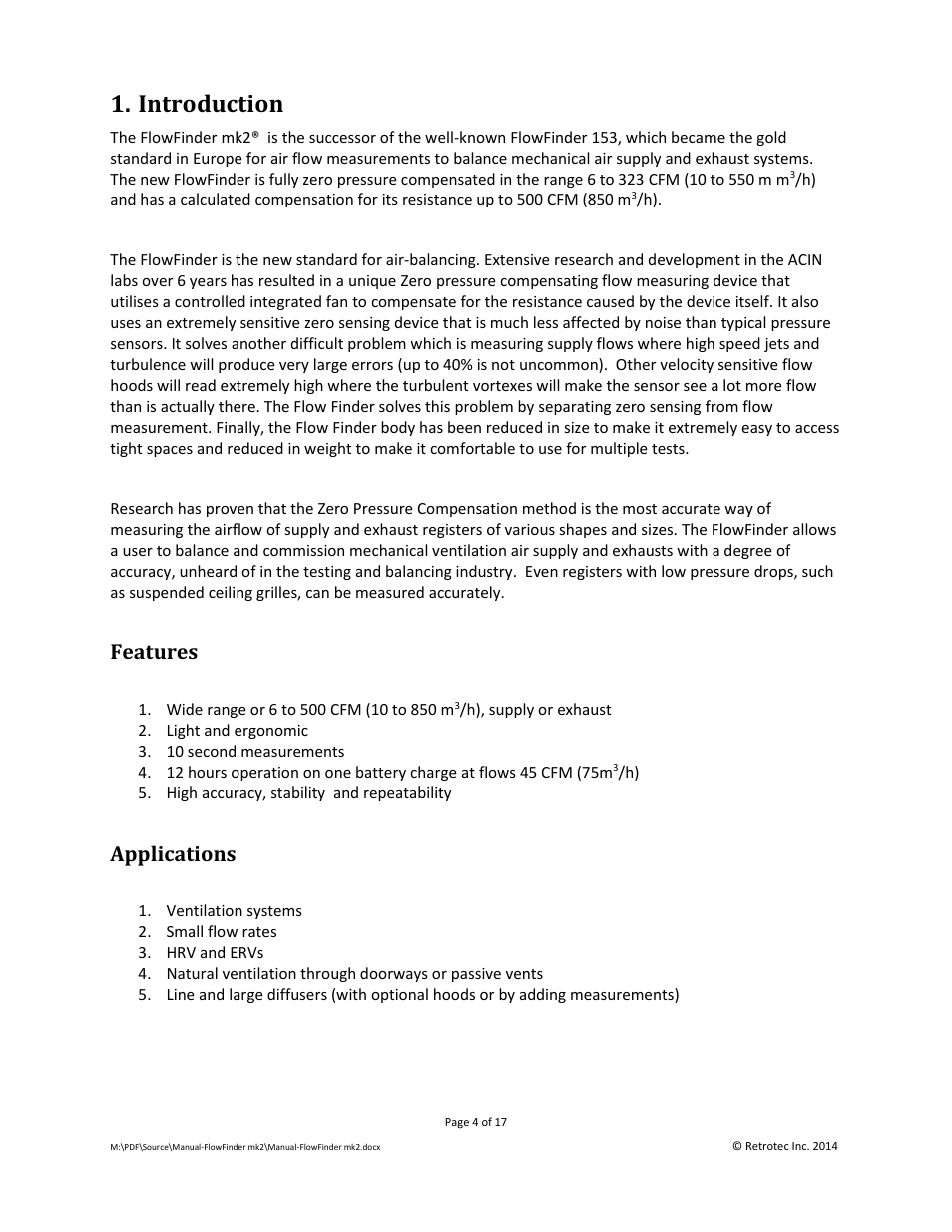 Introduction, Features, Applications | Retrotec Flow Finder MK 2 User Manual | Page 4 / 17