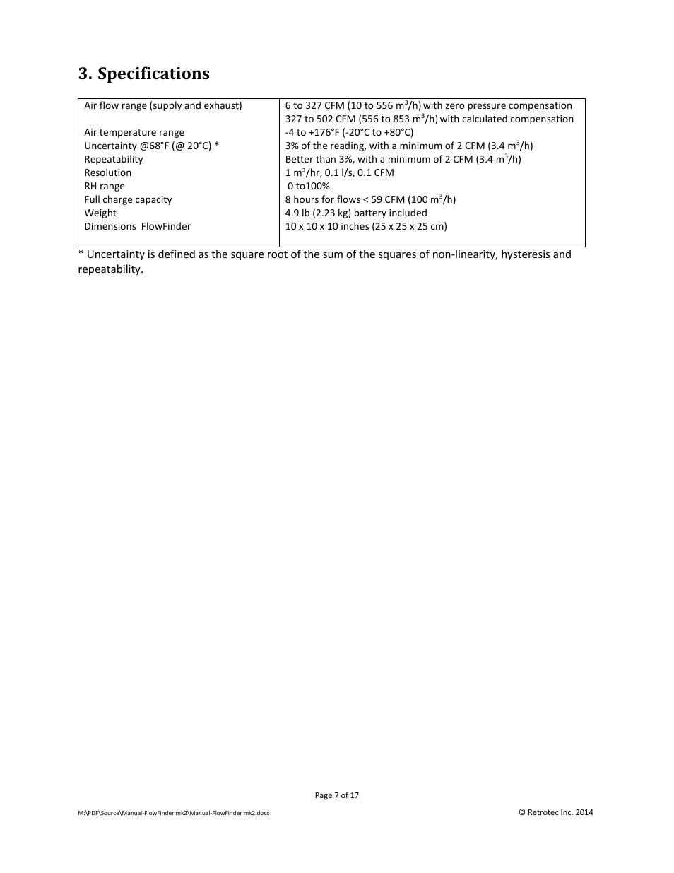 Specifications | Retrotec Flow Finder MK 2 User Manual | Page 7 / 17