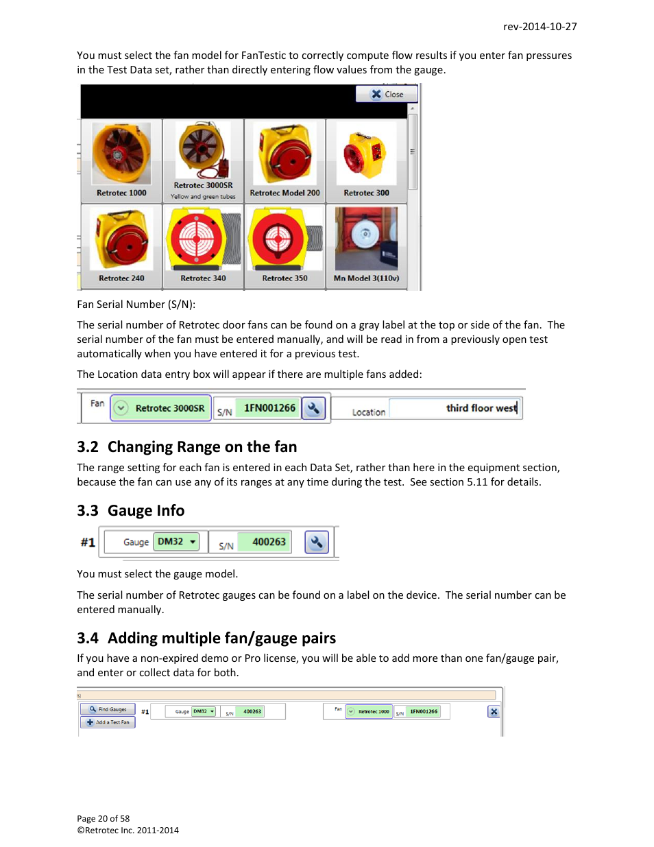 Changing range on the fan, Gauge info, Adding multiple fan/gauge pairs | 2 changing range on the fan, 3 gauge info, 4 adding multiple fan/gauge pairs | Retrotec FanTestic (ATTMA) User Manual | Page 20 / 58