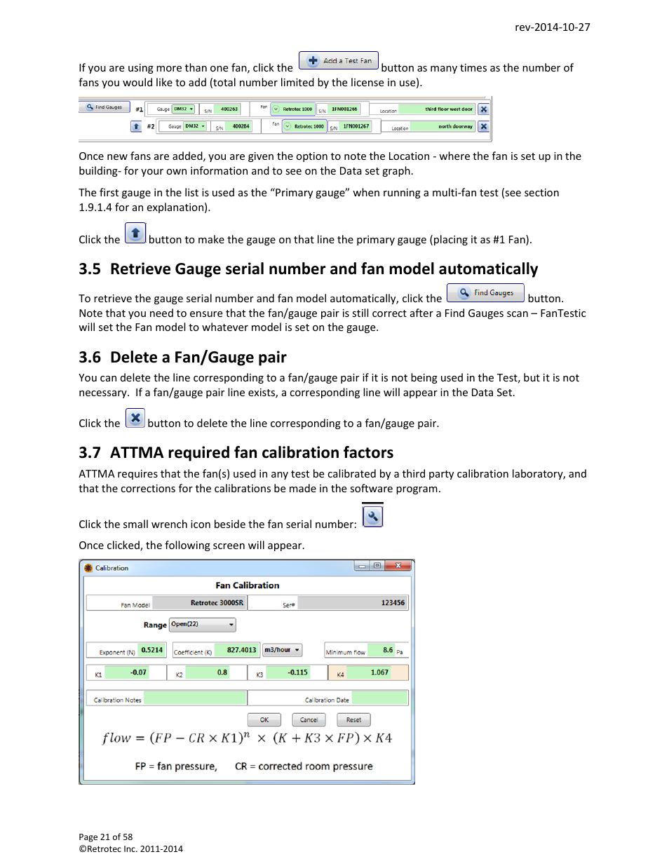 Delete a fan/gauge pair, Attma required fan calibration factors, 6 delete a fan/gauge pair | 7 attma required fan calibration factors | Retrotec FanTestic (ATTMA) User Manual | Page 21 / 58