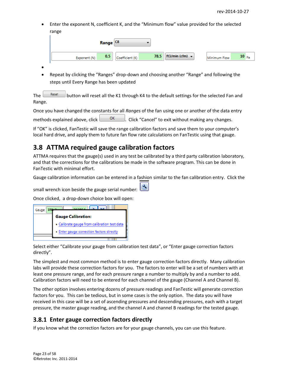 8 attma required gauge calibration factors, Enter gauge correction factors directly | Retrotec FanTestic (ATTMA) User Manual | Page 23 / 58