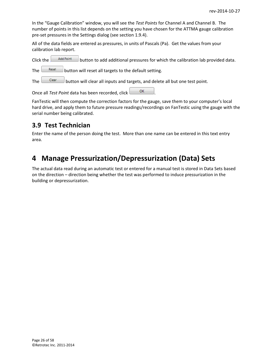 Test technician, Manage pressurization/depressurization (data) sets, 9 test technician | Retrotec FanTestic (ATTMA) User Manual | Page 26 / 58