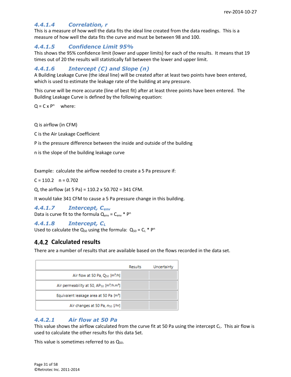 Calculated results | Retrotec FanTestic (ATTMA) User Manual | Page 31 / 58