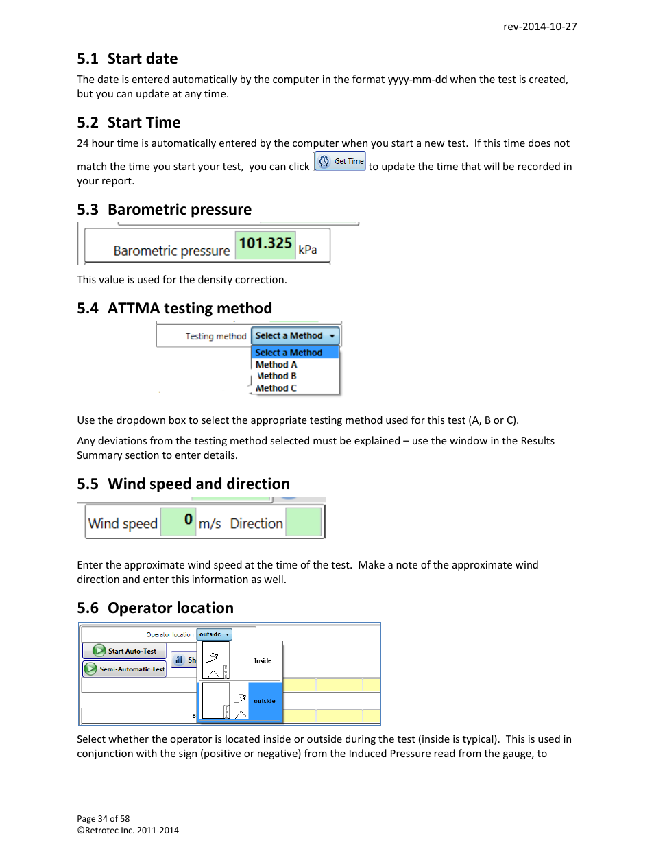 Start date, Start time, Barometric pressure | Attma testing method, Wind speed and direction, Operator location, 1 start date, 2 start time, 3 barometric pressure, 4 attma testing method | Retrotec FanTestic (ATTMA) User Manual | Page 34 / 58