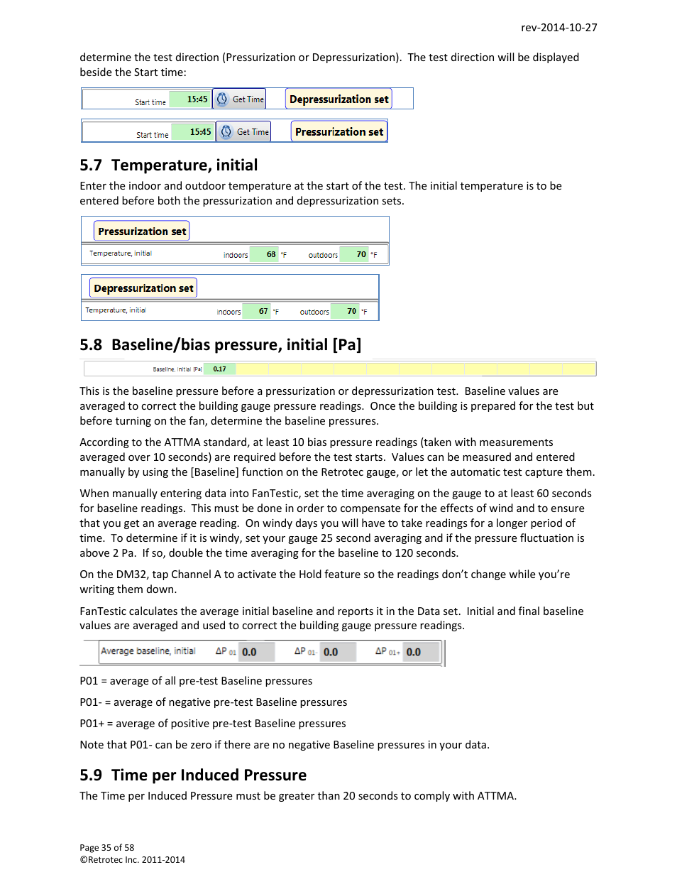 Temperature, initial, Baseline/bias pressure, initial [pa, Time per induced pressure | 7 temperature, initial, 8 baseline/bias pressure, initial [pa, 9 time per induced pressure | Retrotec FanTestic (ATTMA) User Manual | Page 35 / 58