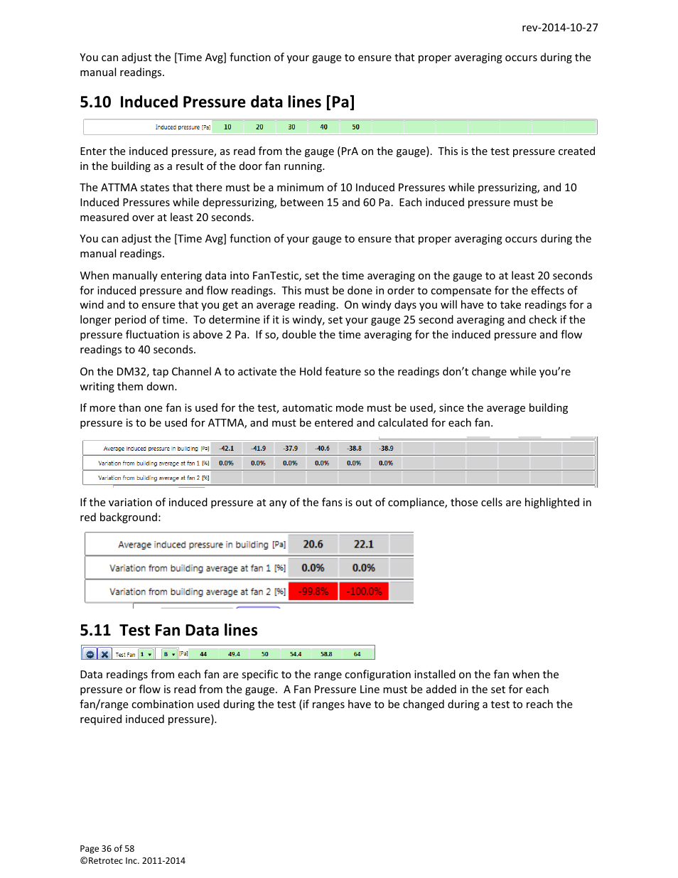 10 induced pressure data lines [pa, 11 test fan data lines | Retrotec FanTestic (ATTMA) User Manual | Page 36 / 58