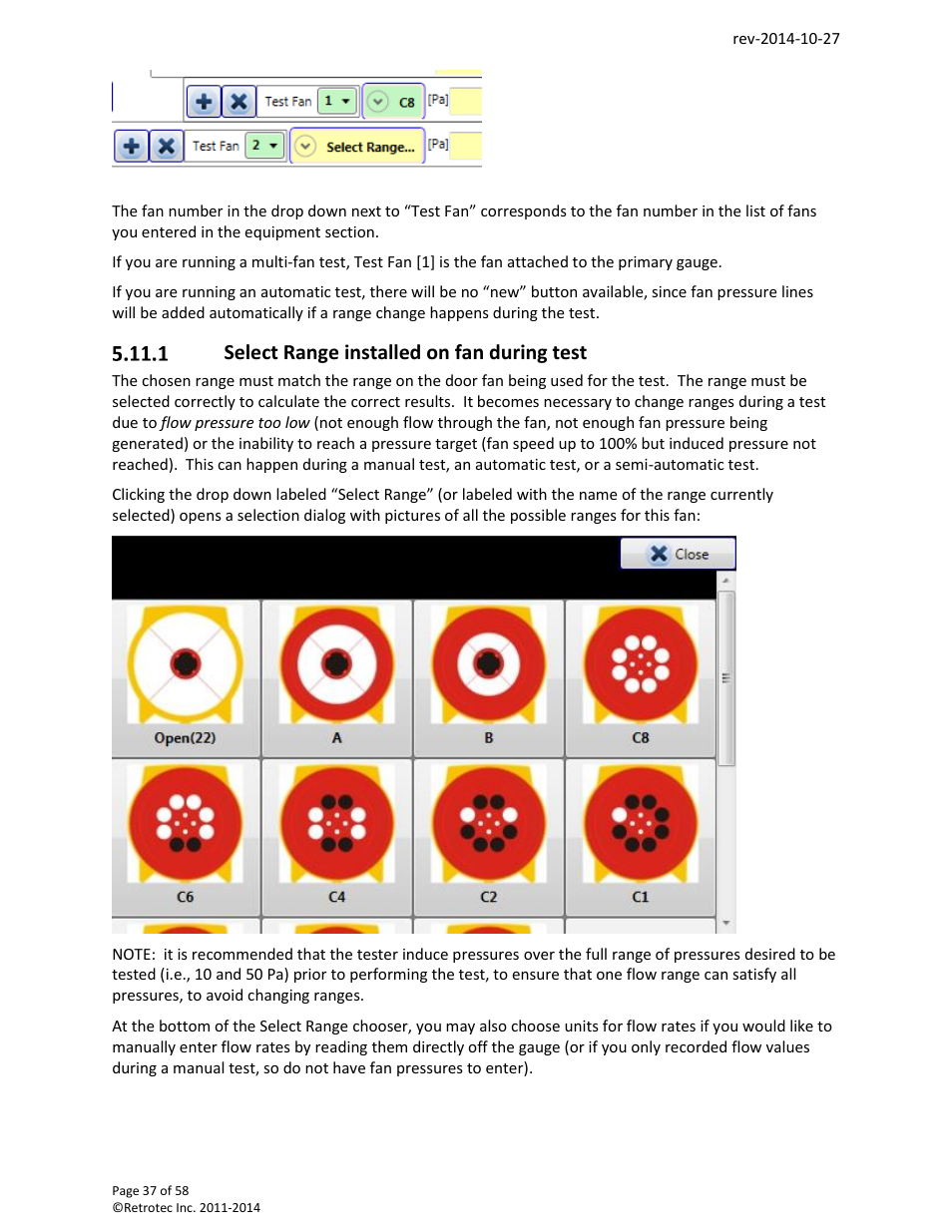 Select range installed on fan during test | Retrotec FanTestic (ATTMA) User Manual | Page 37 / 58