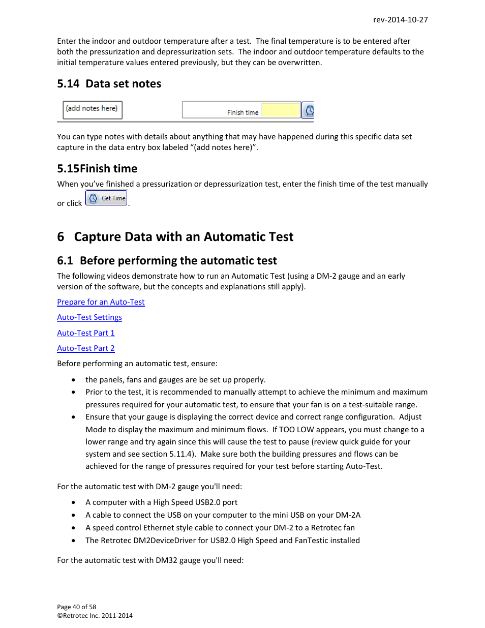 14 data set notes 5.15 finish time, Capture data with an automatic test, Before performing the automatic test | 6 capture data with an automatic test, 15 finish time, 1 before performing the automatic test | Retrotec FanTestic (ATTMA) User Manual | Page 40 / 58