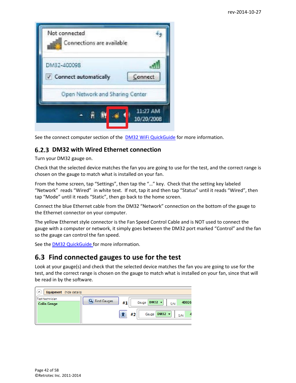 Dm32 with wired ethernet connection, Find connected gauges to use for the test, 3 find connected gauges to use for the test | Retrotec FanTestic (ATTMA) User Manual | Page 42 / 58