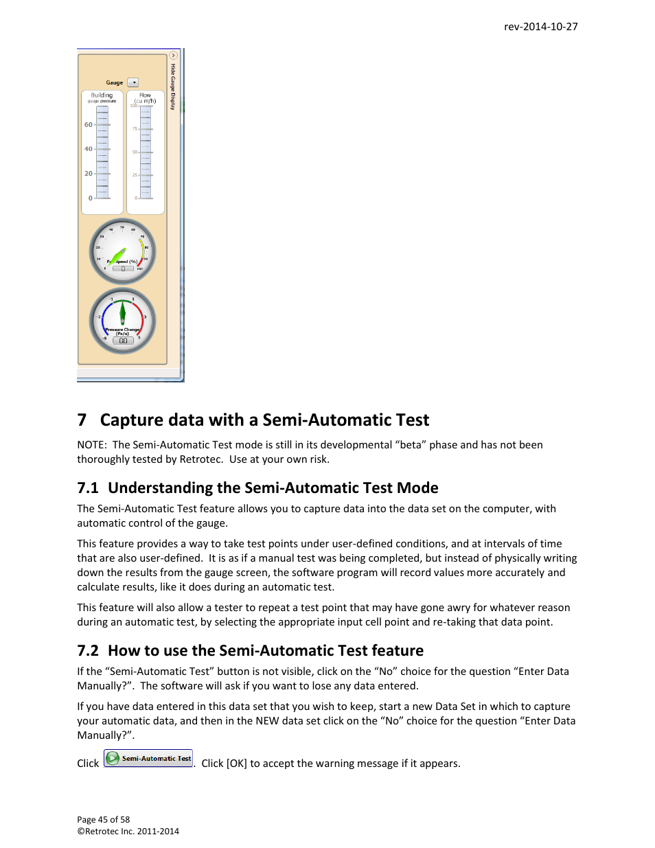 Capture data with a semi-automatic test, Understanding the semi-automatic test mode, How to use the semi-automatic test feature | 7 capture data with a semi-automatic test, 1 understanding the semi-automatic test mode, 2 how to use the semi-automatic test feature | Retrotec FanTestic (ATTMA) User Manual | Page 45 / 58