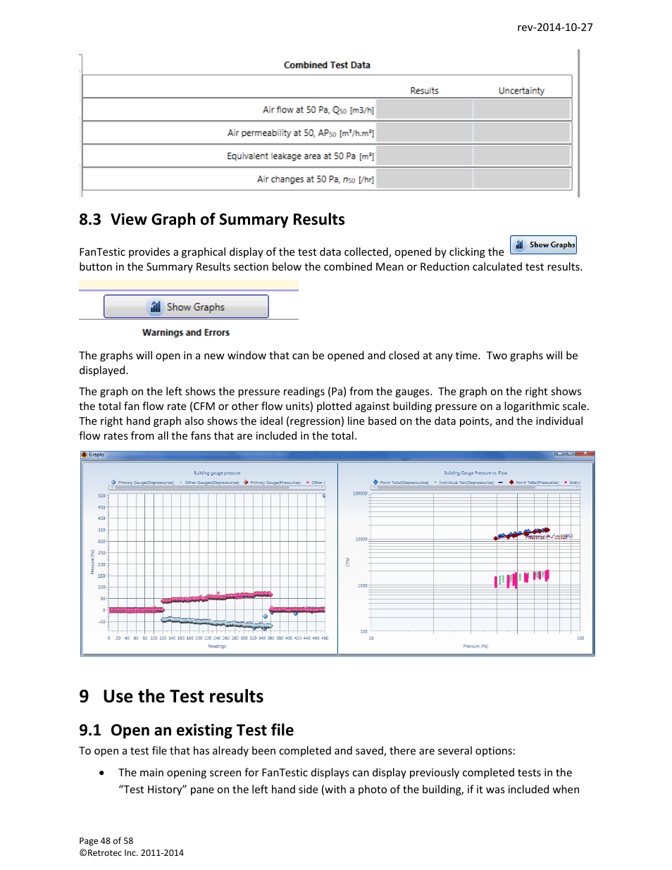 View graph of summary results, Use the test results, Open an existing test file | 9 use the test results, 3 view graph of summary results, 1 open an existing test file | Retrotec FanTestic (ATTMA) User Manual | Page 48 / 58