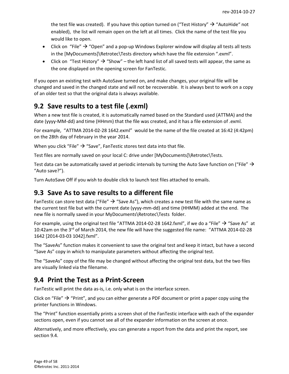 Save results to a test file (.exml), Save as to save results to a different file, Print the test as a print-screen | 2 save results to a test file (.exml), 3 save as to save results to a different file, 4 print the test as a print-screen | Retrotec FanTestic (ATTMA) User Manual | Page 49 / 58