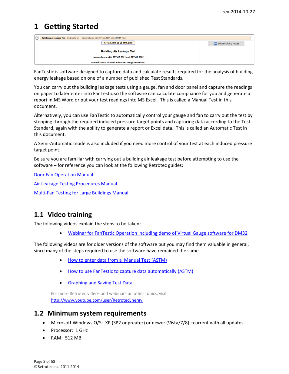 Getting started, Video training, Minimum system requirements | 1 getting started, 1 video training, 2 minimum system requirements | Retrotec FanTestic (ATTMA) User Manual | Page 5 / 58