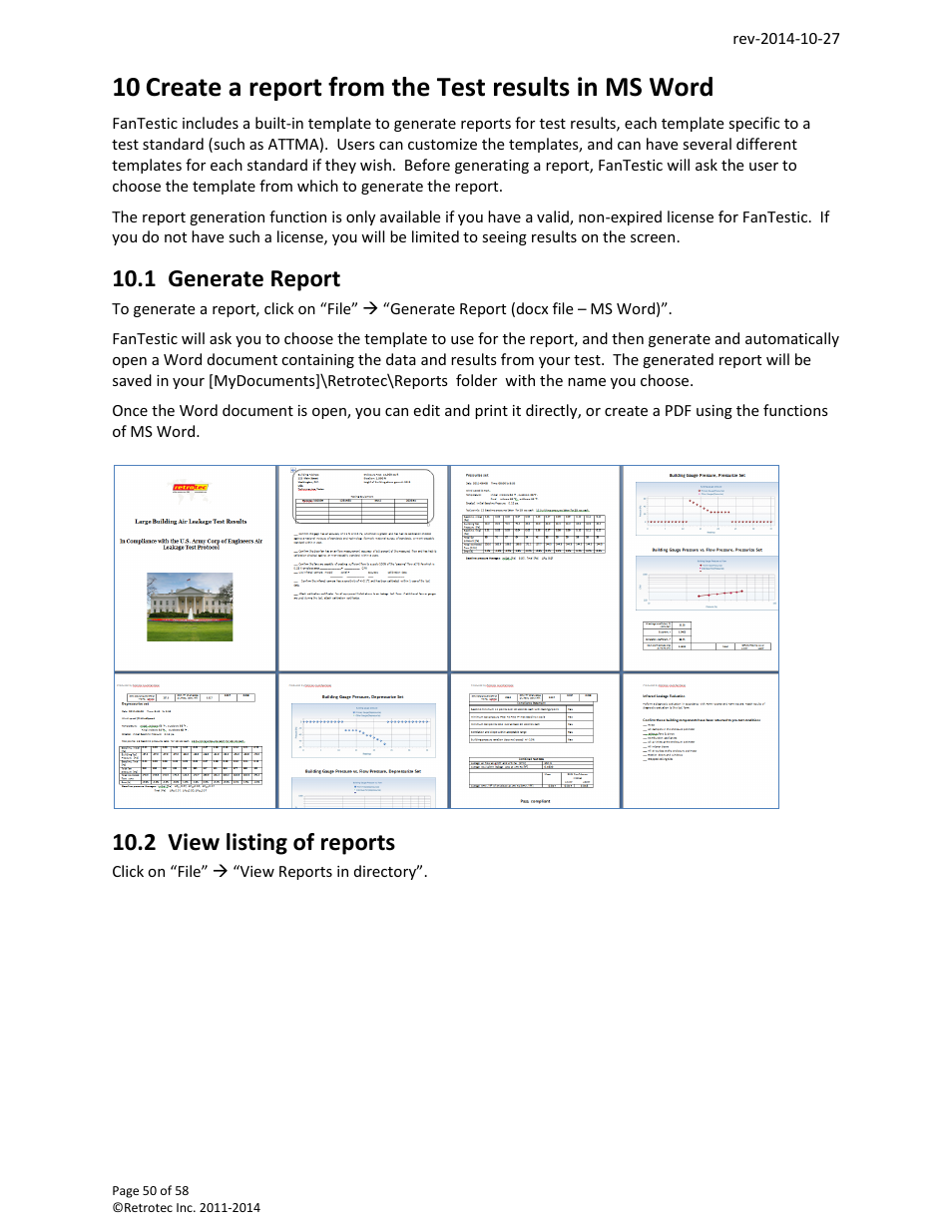 Create a report from the test results in ms word, 1 generate report 10.2 view listing of reports, 1 generate report | 2 view listing of reports | Retrotec FanTestic (ATTMA) User Manual | Page 50 / 58