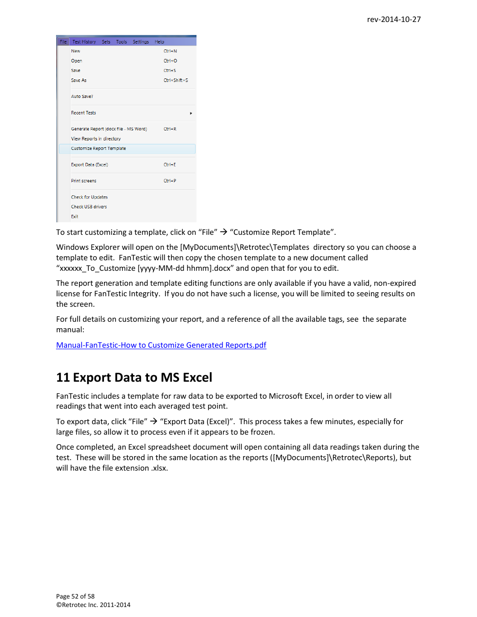 Export data to ms excel, 11 export data to ms excel | Retrotec FanTestic (ATTMA) User Manual | Page 52 / 58