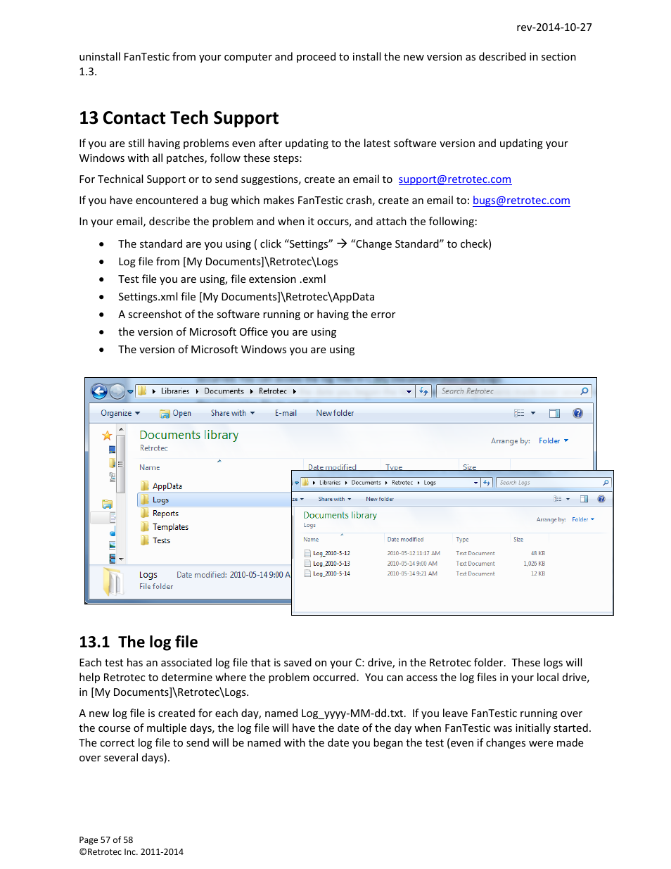 Contact tech support, 1 the log file, 13 contact tech support | Retrotec FanTestic (ATTMA) User Manual | Page 57 / 58