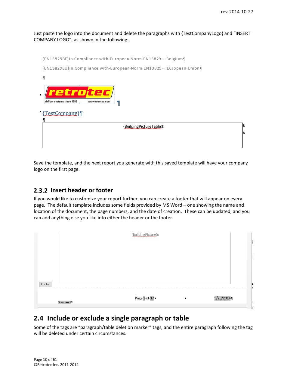 Insert header or footer, Include or exclude a single paragraph or table, 4 include or exclude a single paragraph or table | Retrotec FanTestic Customized Reports User Manual | Page 10 / 61