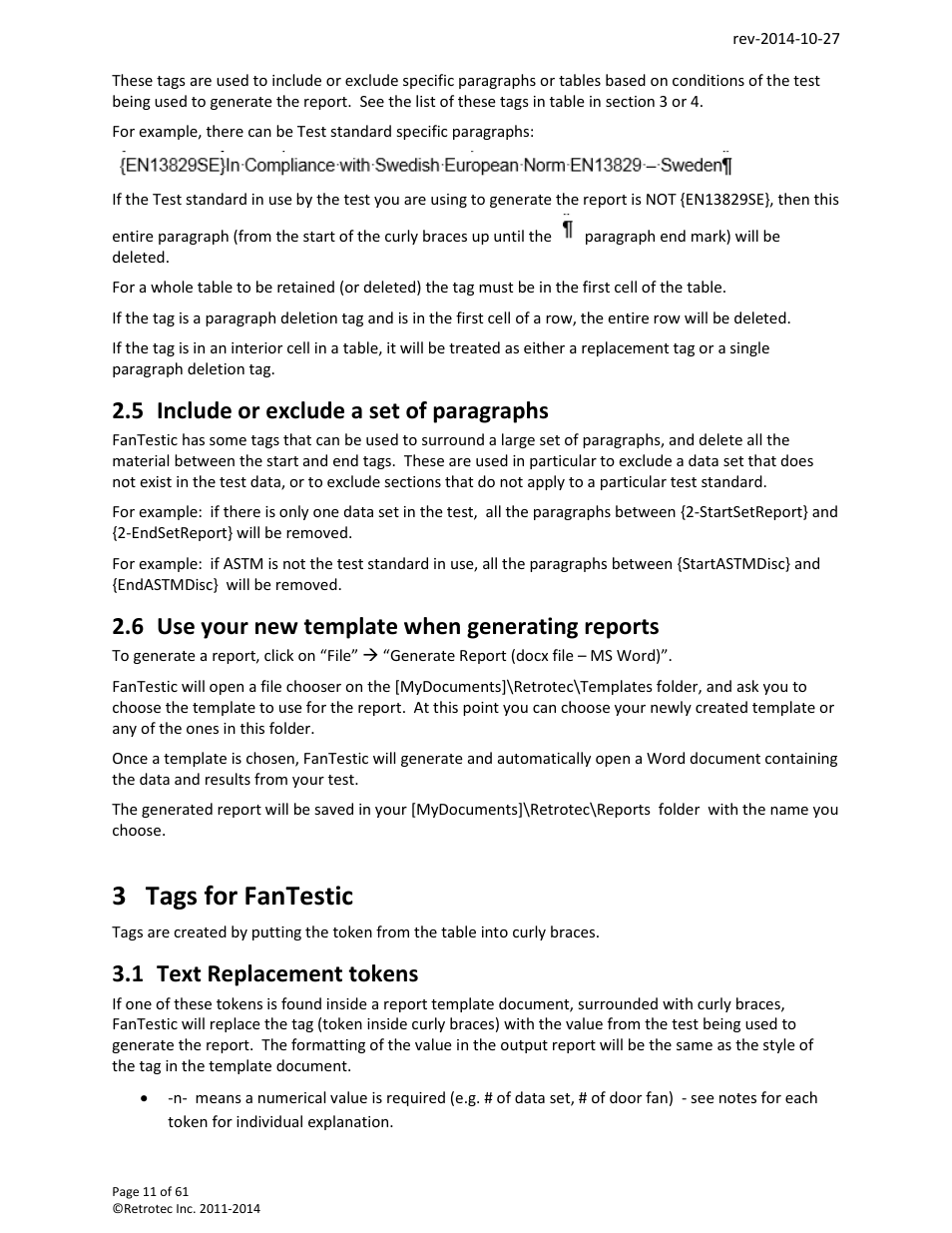 Include or exclude a set of paragraphs, Use your new template when generating reports, Tags for fantestic | Text replacement tokens, 3 tags for fantestic, 5 include or exclude a set of paragraphs, 6 use your new template when generating reports, 1 text replacement tokens | Retrotec FanTestic Customized Reports User Manual | Page 11 / 61