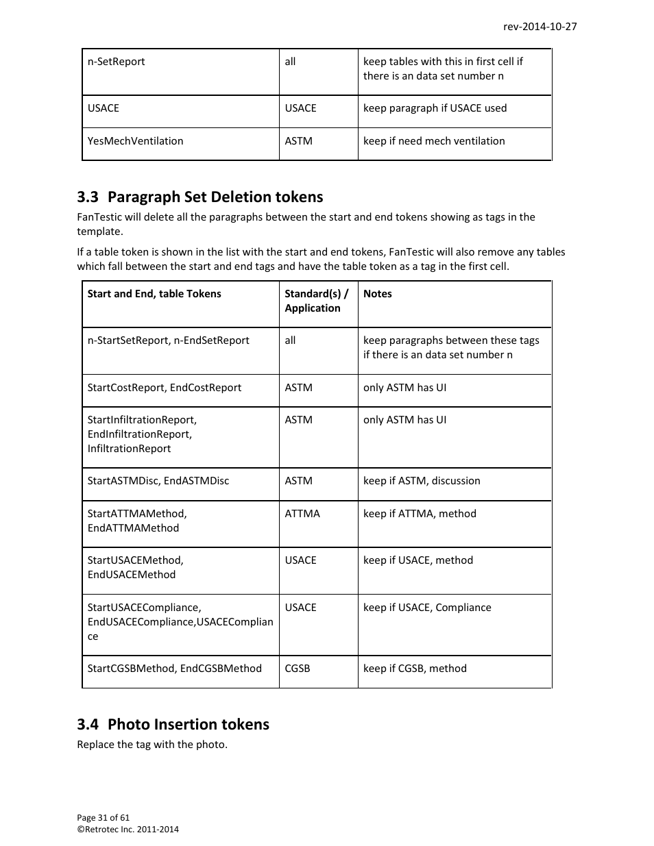 Paragraph set deletion tokens, Photo insertion tokens, 3 paragraph set deletion tokens | 4 photo insertion tokens | Retrotec FanTestic Customized Reports User Manual | Page 31 / 61