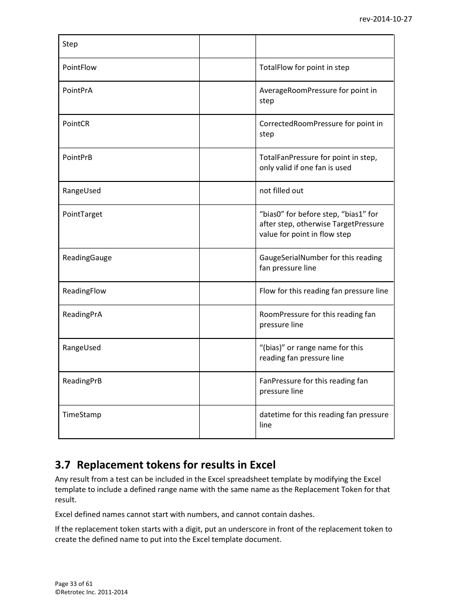 Replacement tokens for results in excel, 7 replacement tokens for results in excel | Retrotec FanTestic Customized Reports User Manual | Page 33 / 61