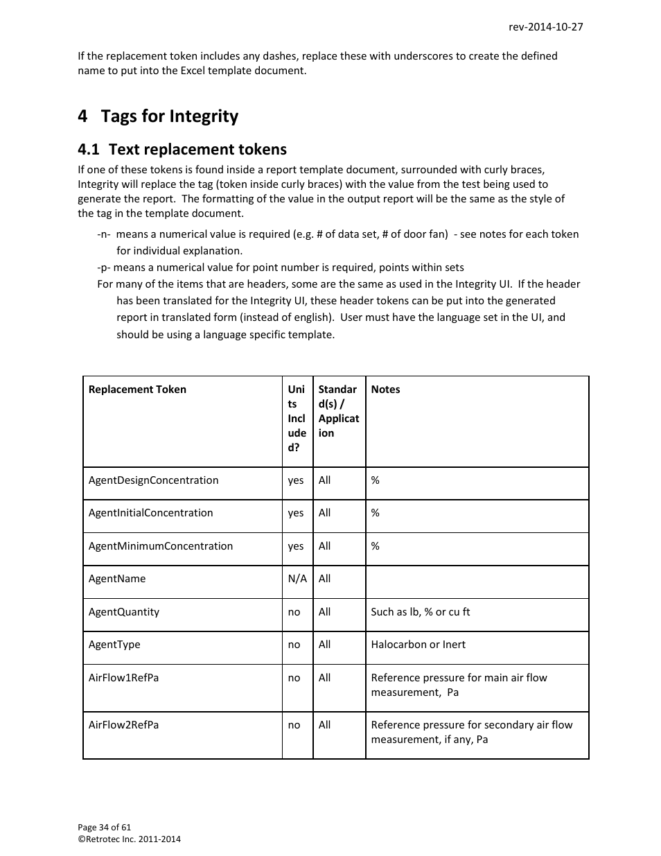 Tags for integrity, Text replacement tokens, 4 tags for integrity | 1 text replacement tokens | Retrotec FanTestic Customized Reports User Manual | Page 34 / 61