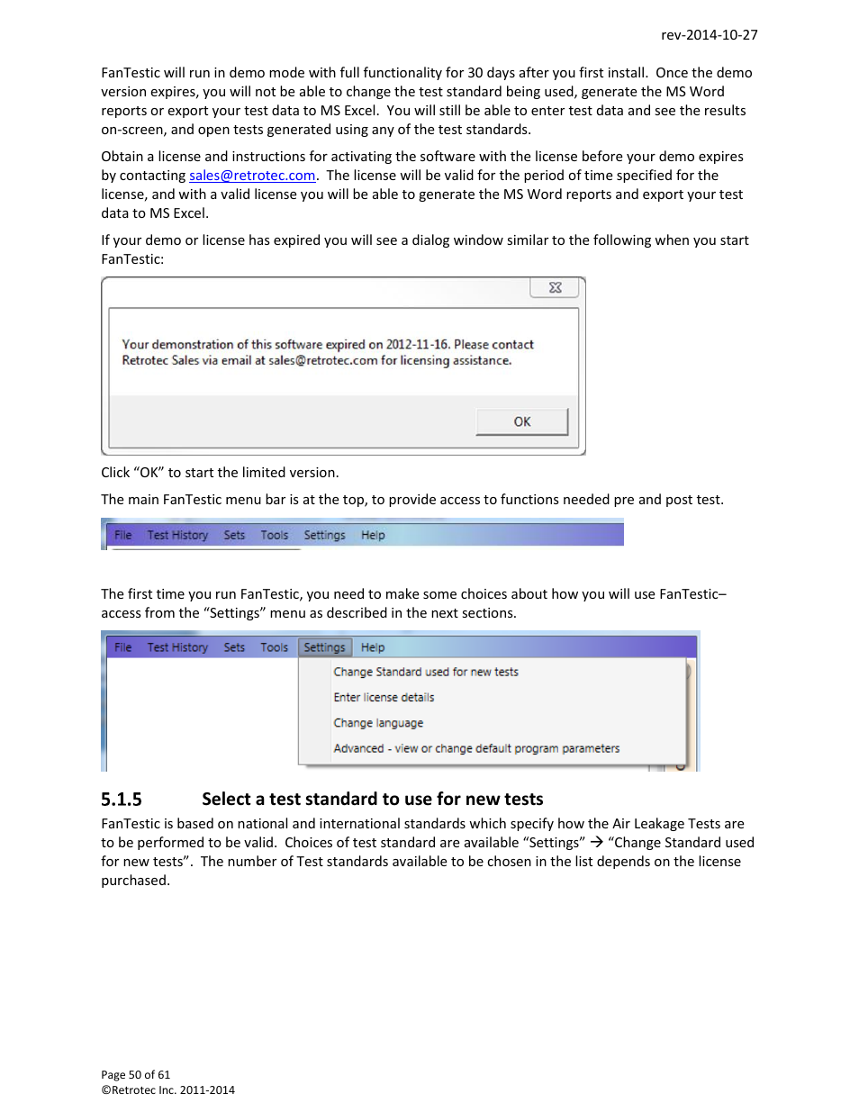 Select a test standard to use for new tests | Retrotec FanTestic Customized Reports User Manual | Page 50 / 61