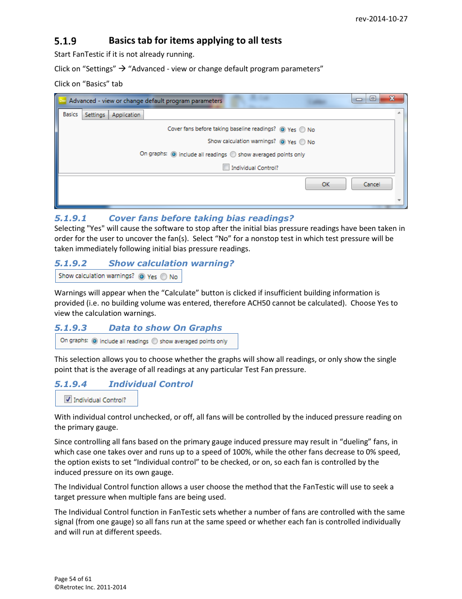 Basics tab for items applying to all tests | Retrotec FanTestic Customized Reports User Manual | Page 54 / 61