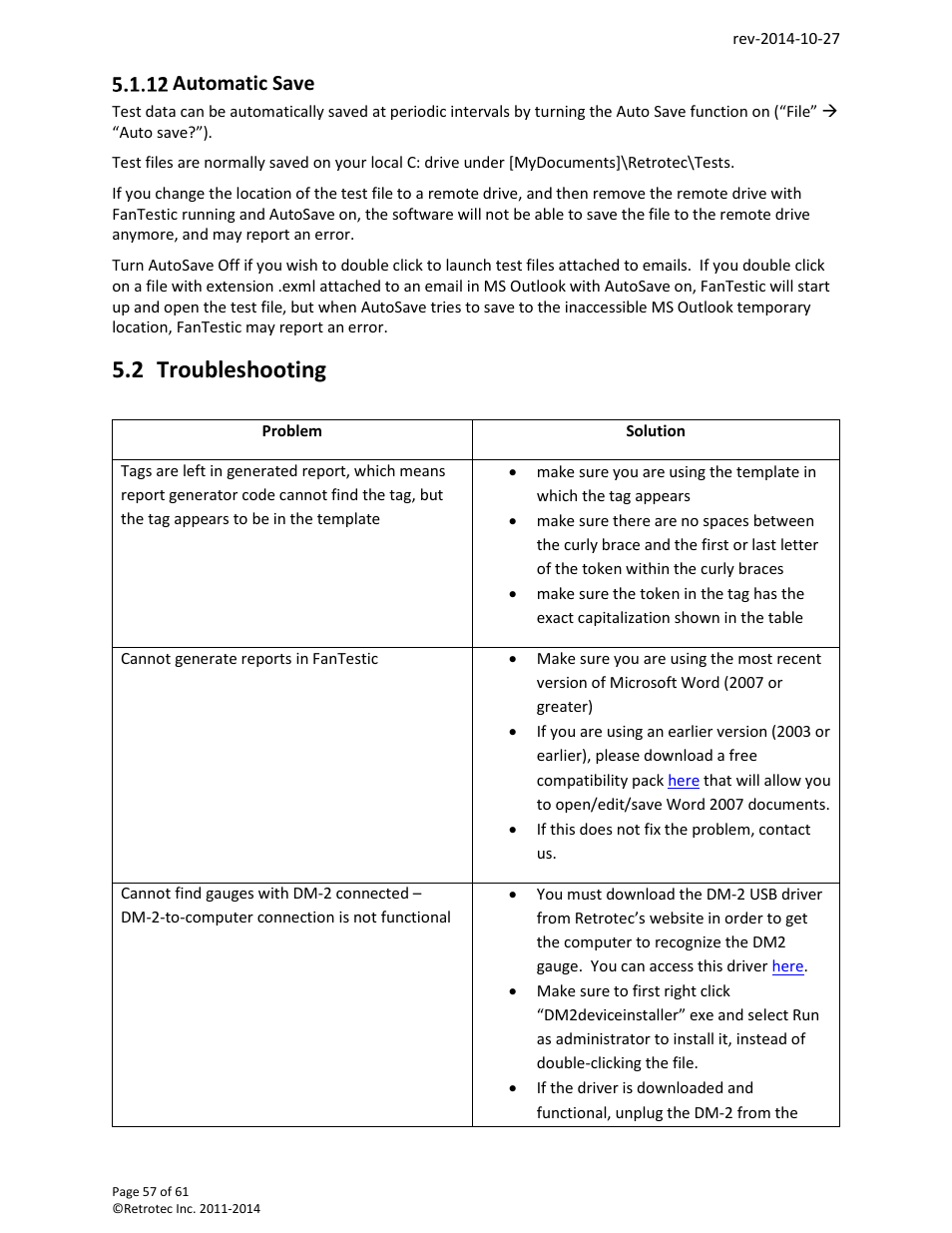 Automatic save, Troubleshooting, 2 troubleshooting | Retrotec FanTestic Customized Reports User Manual | Page 57 / 61