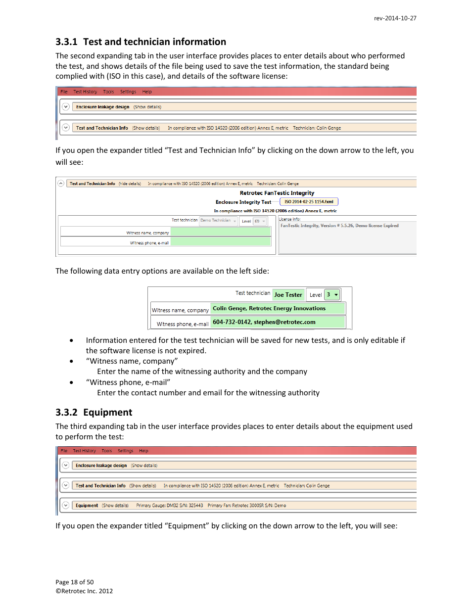 Test and technician information, Equipment, 1 test and technician information | 2 equipment | Retrotec FanTestic Integrity (ISO) User Manual | Page 18 / 50