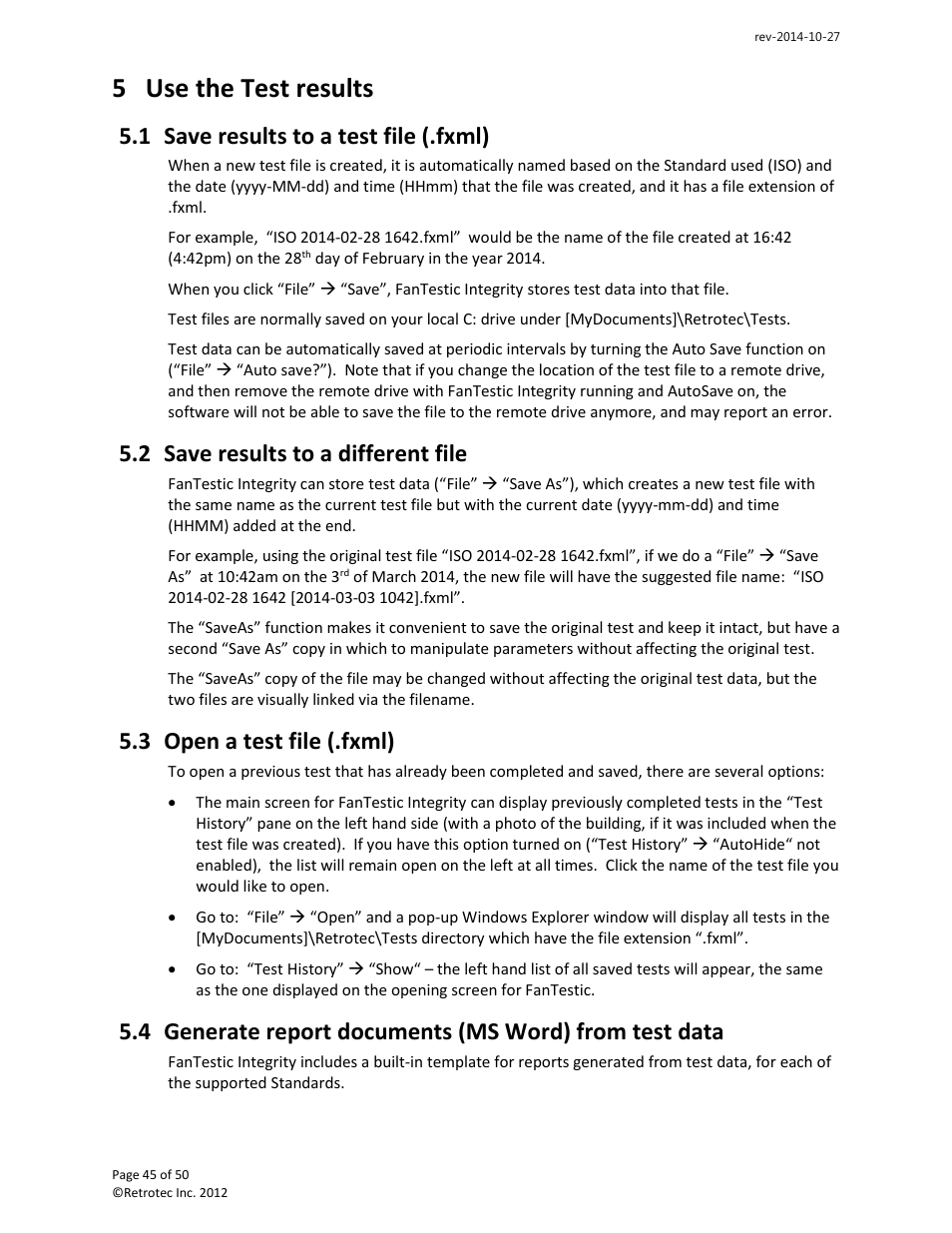 Use the test results, Save results to a test file (.fxml), Save results to a different file | Open a test file (.fxml), Generate report documents (ms word) from test data, 5 use the test results, 1 save results to a test file (.fxml), 2 save results to a different file, 3 open a test file (.fxml) | Retrotec FanTestic Integrity (ISO) User Manual | Page 45 / 50