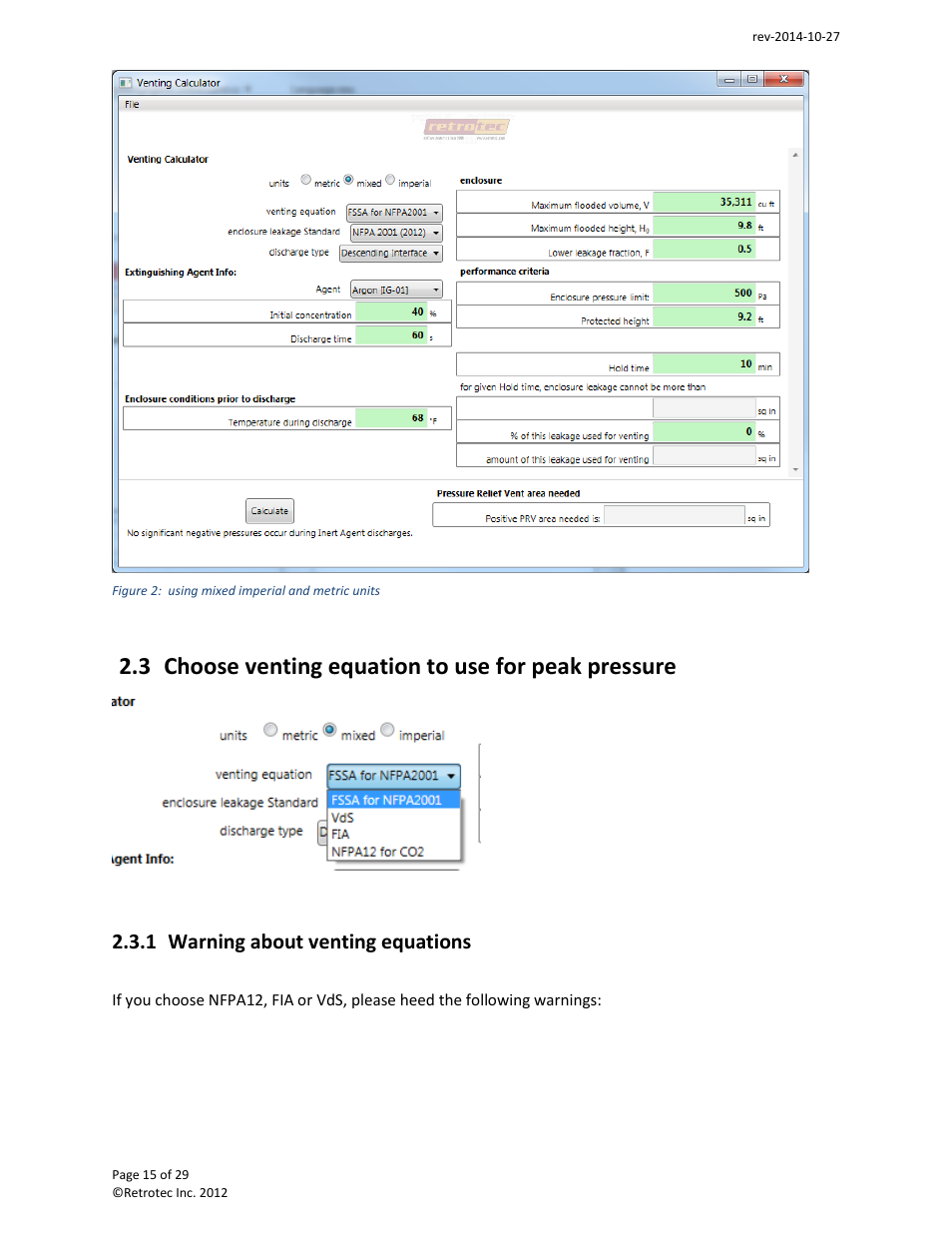 Choose venting equation to use for peak pressure, Warning about venting equations, 3 choose venting equation to use for peak pressure | 1 warning about venting equations | Retrotec FanTestic Integrity (Venting Calculator) User Manual | Page 15 / 29