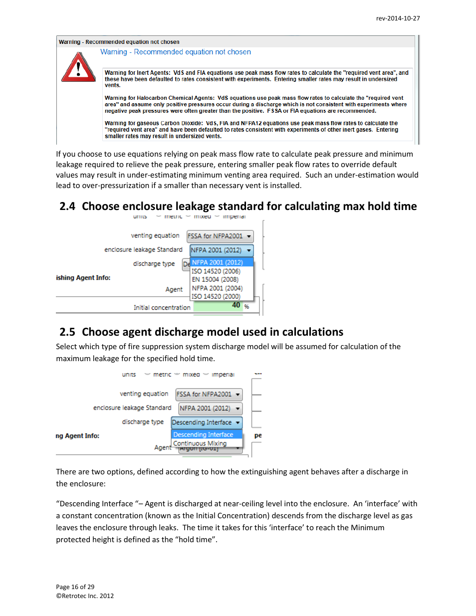 Choose agent discharge model used in calculations | Retrotec FanTestic Integrity (Venting Calculator) User Manual | Page 16 / 29