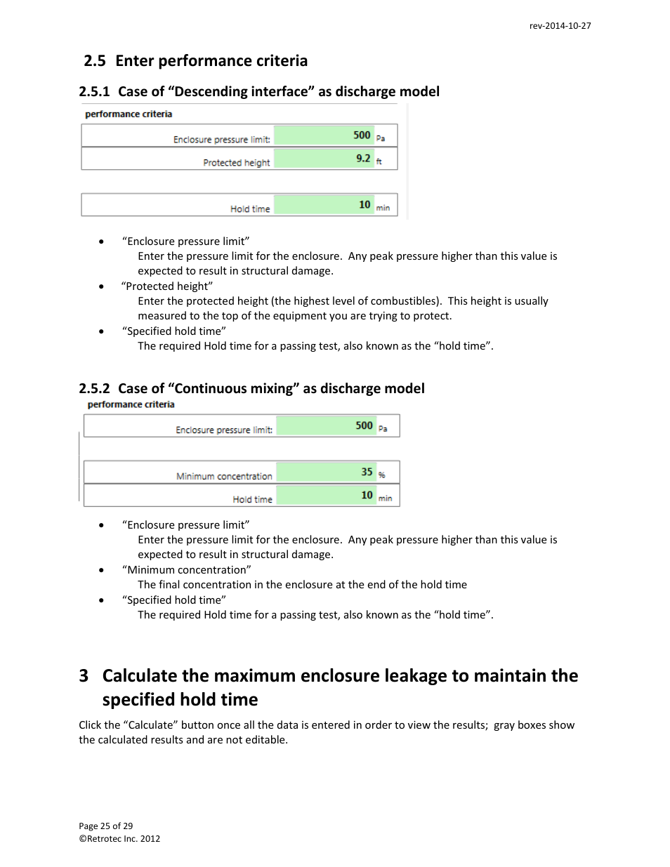 Enter performance criteria, Case of “descending interface” as discharge model, Case of “continuous mixing” as discharge model | Time, 5 enter performance criteria | Retrotec FanTestic Integrity (Venting Calculator) User Manual | Page 25 / 29