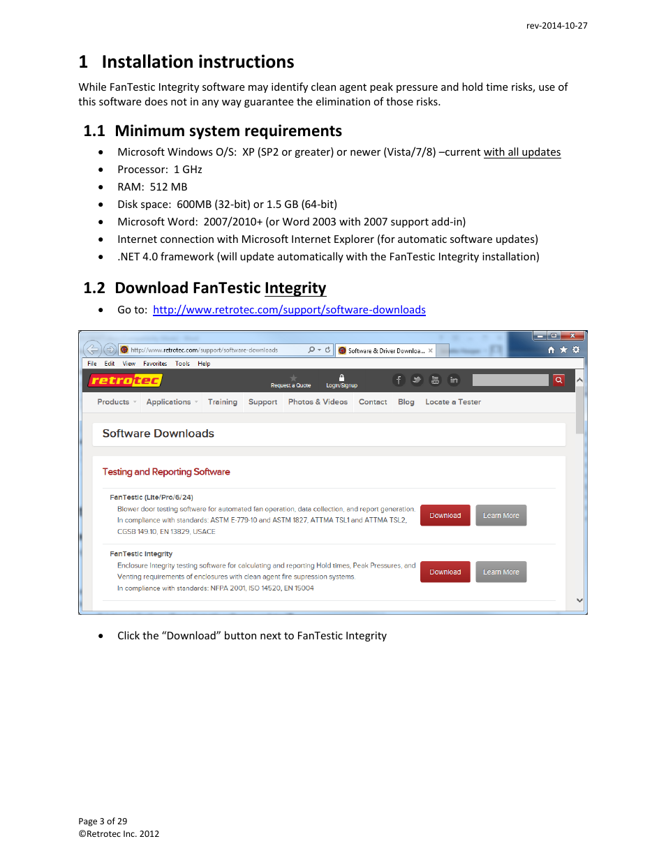 Installation instructions, Minimum system requirements, Download fantestic integrity | 1 installation instructions, 1 minimum system requirements, 2 download fantestic integrity | Retrotec FanTestic Integrity (Venting Calculator) User Manual | Page 3 / 29