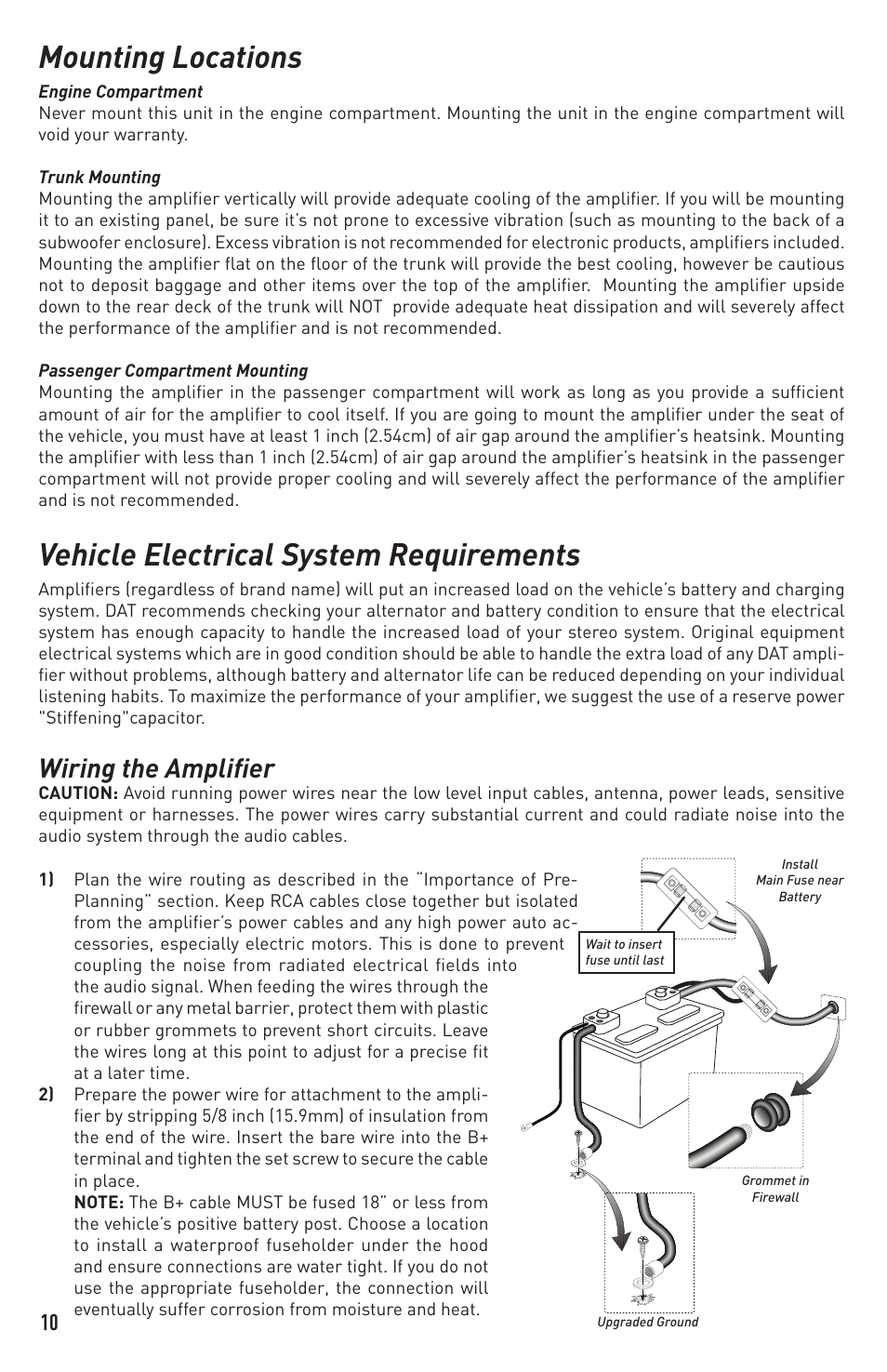 Mounting locations, Vehicle electrical system requirements, Wiring the amplifier | Diamond D400.1 User Manual | Page 10 / 16