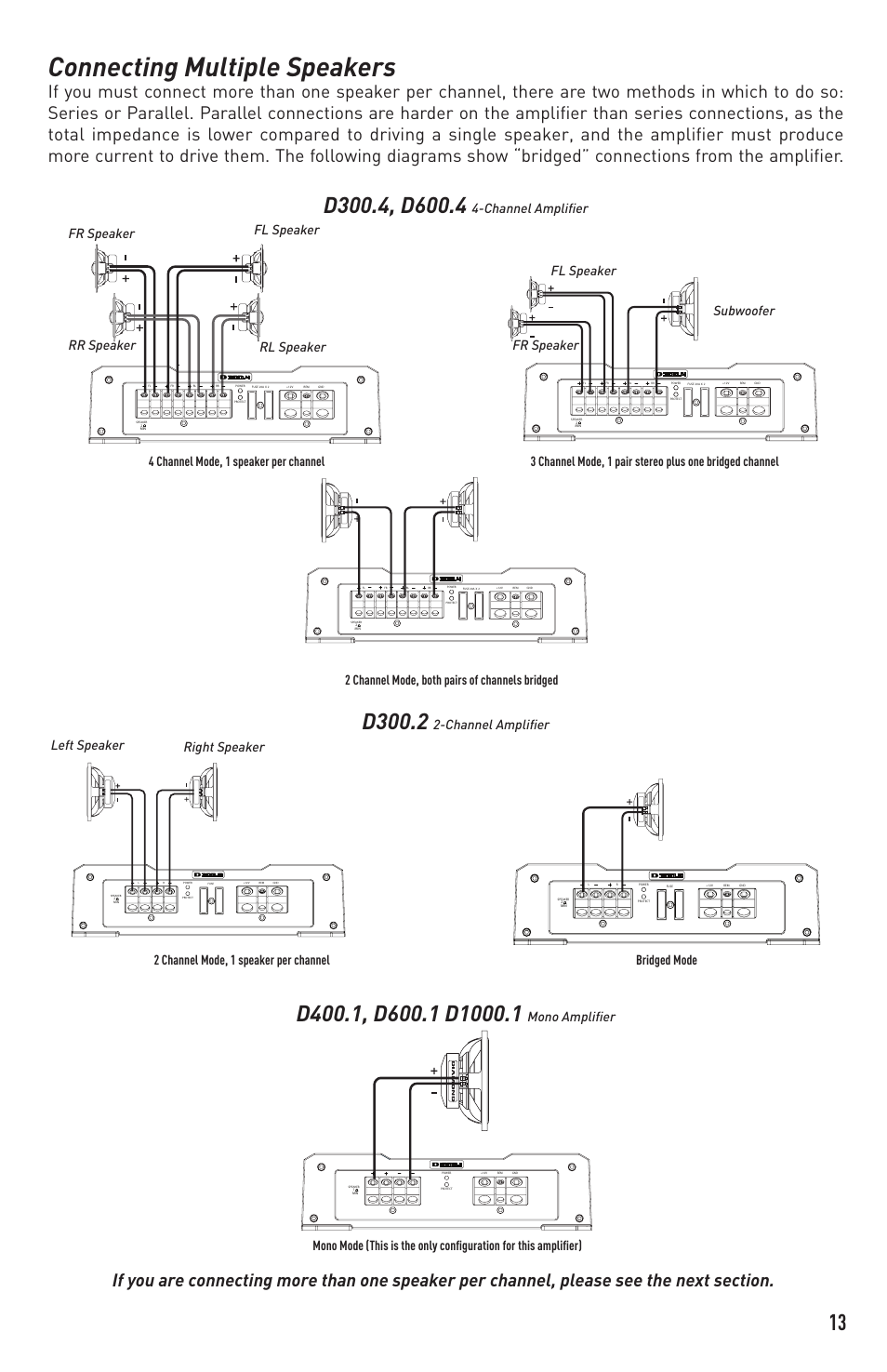 Connecting multiple speakers, D300.2, Channel amplifier | 2 channel mode, 1 speaker per channel bridged mode, Mono amplifier | Diamond D400.1 User Manual | Page 13 / 16