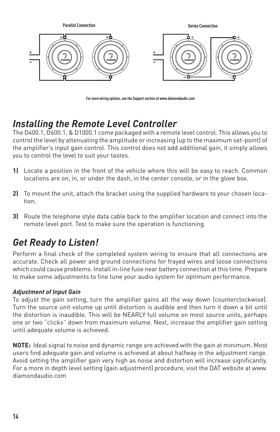 Installing the remote level controller, Get ready to listen | Diamond D400.1 User Manual | Page 14 / 16