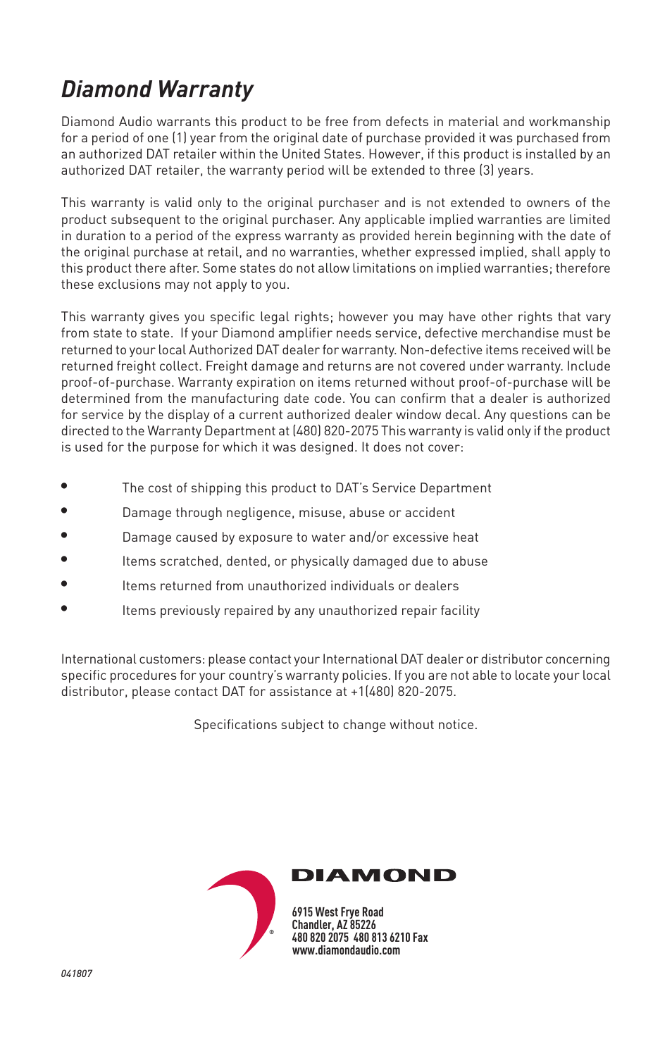Diamond warranty | Diamond D400.1 User Manual | Page 16 / 16